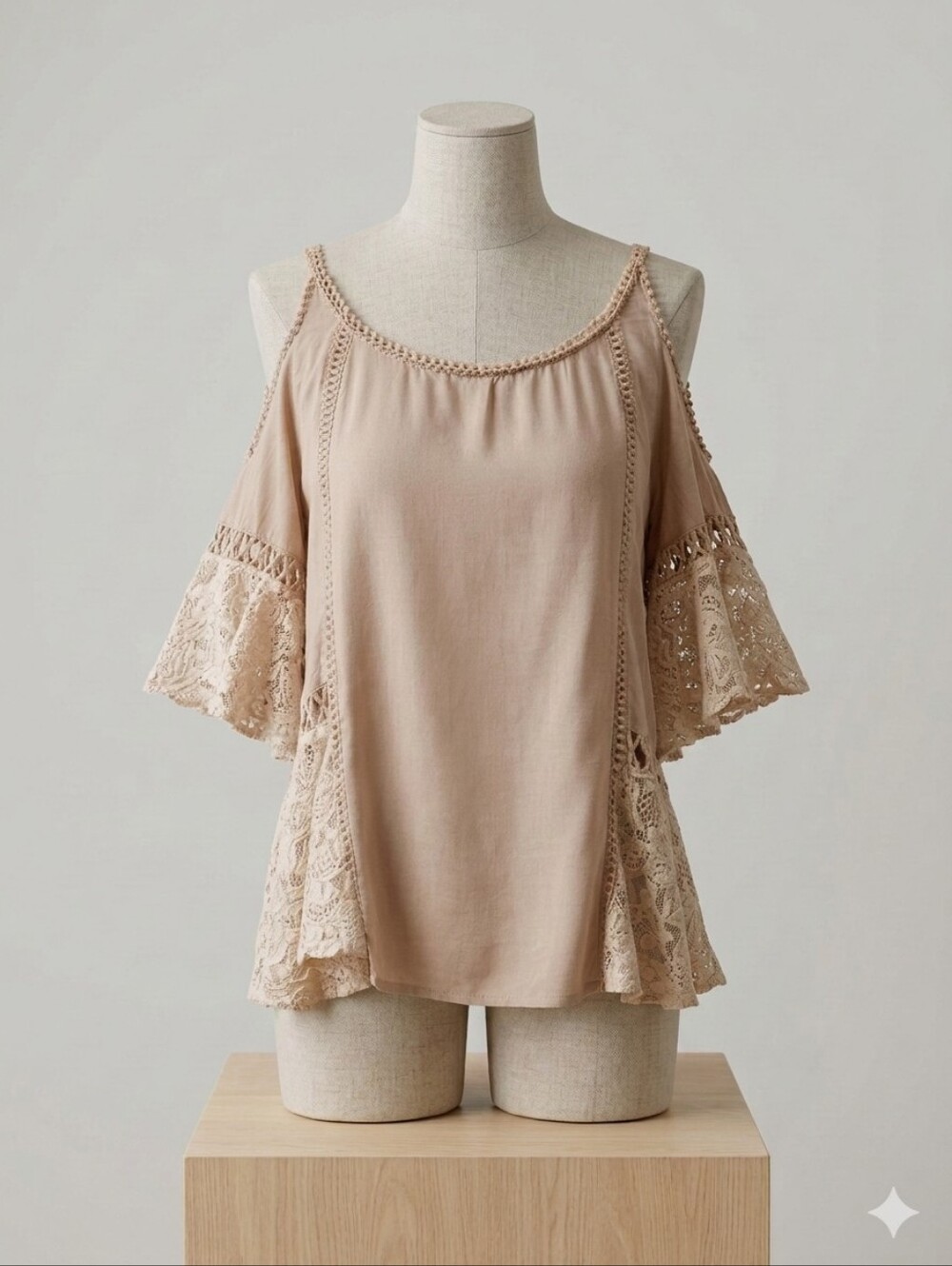 Umgee Boho Lace Cold Shoulder Top Beige Flowy Peasant Festival Blouse Size S